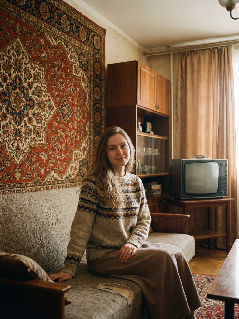 Ретро фотосессия в стиле СССР на фоне ковра — пример результата
